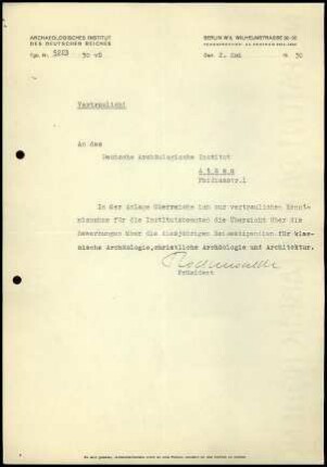 G. Rodenwaldt an DAI Athen