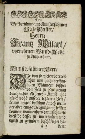 Dem ... Herrn Frantz Willart ... Wund-Artzt zu Amsterdam