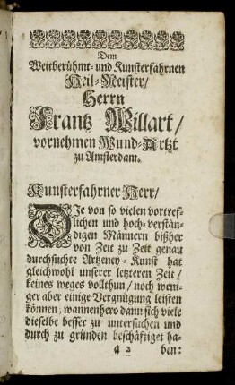 Dem ... Herrn Frantz Willart ... Wund-Artzt zu Amsterdam