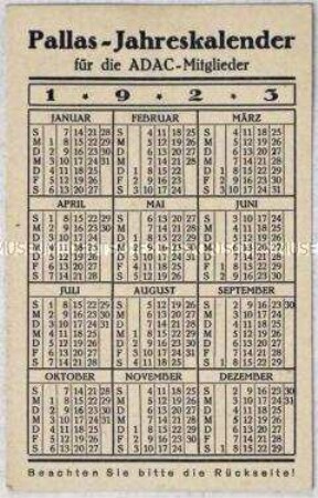 Jahreskalender der Berliner Vergaser Fabrik "Pallas-Apparate GmbH" für 1923