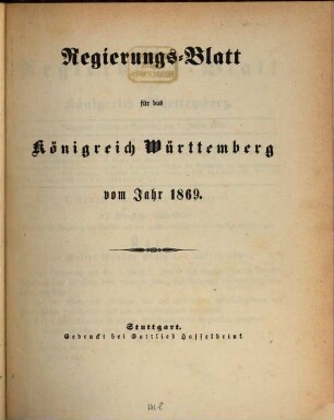 Regierungsblatt für das Königreich Württemberg. 1869, 1869
