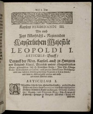 Kaysers Ferdinandi III. Wie auch ... Leopoldi I. Articulus-Brieff/