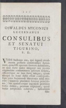 Oswaldus Myconius Lucernanus Consulibus Et Senatui Tigurino, S.D.