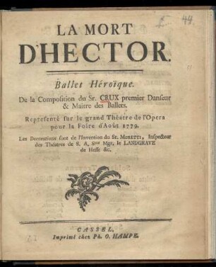 La mort d'Hector : ballet héroi͏̈que ; representé sur le grand Théatre de l'Opera pour la foire d'août 1779