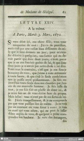 Lettre XXIV. A la même. A Paris, Mardi 3. Mars, 1671