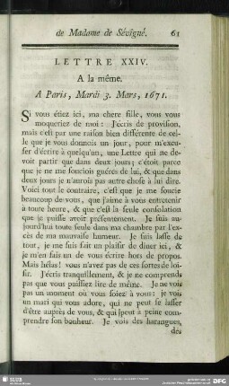 Lettre XXIV. A la même. A Paris, Mardi 3. Mars, 1671