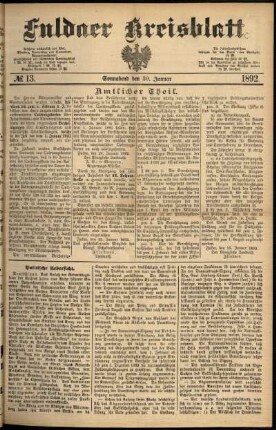 Erste Ausgabe vom Samstag, den 30. Januar 1892.