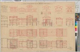 Umbau des Stationsgebäudes auf dem Bahnhofe zu Alten-Essen: Ansichten, Grundrisse, Schnitte, Sparrenlagen, M. 1:100 Hge, Sknr.: 1, Fanr.: 9, Bunr.: 3