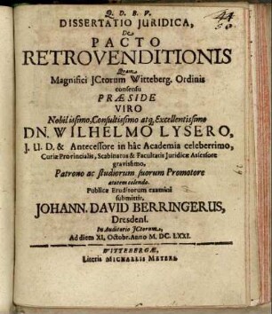 Dissertatio Iuridica, De Pacto Retrovenditionis