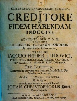Dissertatio Inauguralis Juridica, De Creditore Ad Fidem Habendam Inducto