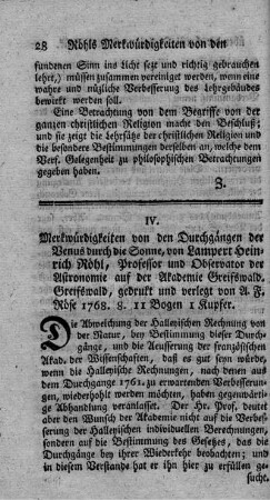 Merkwürdigkeiten von den Durchgängen der Venus durch die Sonne.