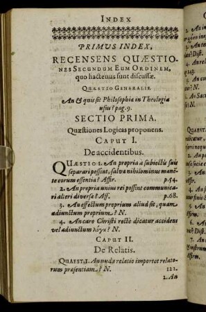 Primus Index, Recensens Quæstiones Secundum Eum Ordinem, quo hactenus sunt discussæ.