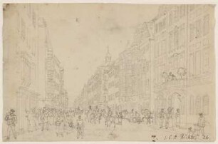 Ansicht der Schlossgasse in Dresden, Bleistiftzeichnung, 1840-45 : Das Hotel des Pologne auf der Schlossgasse zu Dresden : Die Staffage und Stiche anders / I.C.A. Richter. - Dresden, 1840-1845. - 1 Blatt : Handzeichnung, Bleistift, aufgeklebt ; Blattgr. 9,0 x 13,8 cm // Unten rechts: 26
