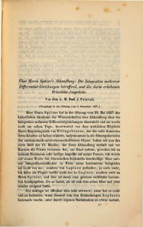 Über Herrn Spitzer's Abhandlung: Die Integration mehrerer Differential-Gleichungen betreffend, und die darin erhobenen Prioritäts-Ansprüche