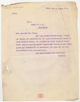 Brief an Bruno Weigl : 04.01.1924