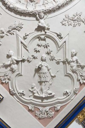 Decke des Blaugoldenen Saals — Allegorien der vier Erdteile — Amerika mit Falke, Pfeil und Bogen, Affe und Krokodil
