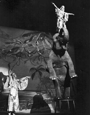 Wintergarten: Althoffs Tanzende Elefanten; Elefant steht mit zwei Beinen auf Hocker