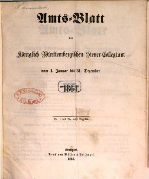 Amtsblatt des Württembergischen Steuerkollegiums. 1864