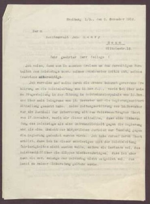 Schreiben von Johannes Henry an Constantin Fehrenbach, Einberufung des Reichstages