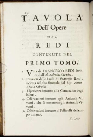 Tavola Dell' Opere Del Redi Contenute Nel Primo Tomo