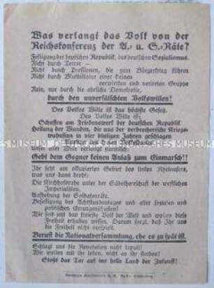 Handzettel mit einem Appell an den Reichskongress der Arbeiter- und Soldatenräte zur Einberufung einer Nationalversammlung