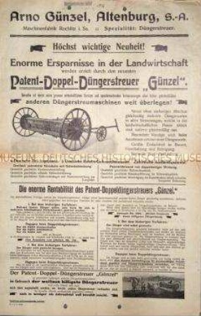 Enorme Ersparnisse in der Landwirtschaft werden erzielt durch den neuesten Patent-Doppel-Düngerstreuer "Günzel".