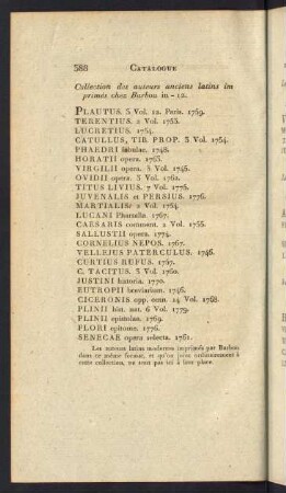Collection des auteurs anciens latins imprimés chez Barbou in -12.