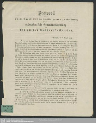 Protocoll über die am 30. August 1869 im Schillergarten zu Blasewitz stattgefundene außerordentliche Generalversammlung des Blasewitzer Waldpark-Vereins