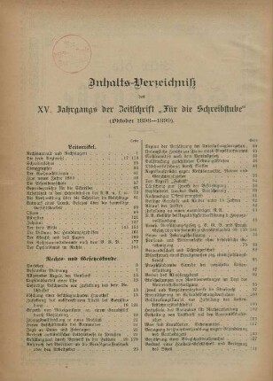 Inhalts-Verzeichniß des XV. Jahrgangs der Zeitschrift "Für die Schreibstube" (Oktober 1898-1899)