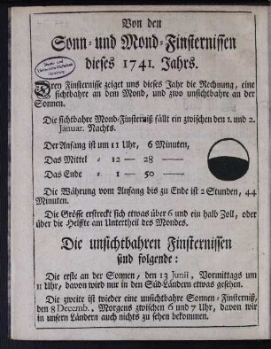 Von den Sonn- und Mond-Finsternissen dieses 1741. Jahrs.