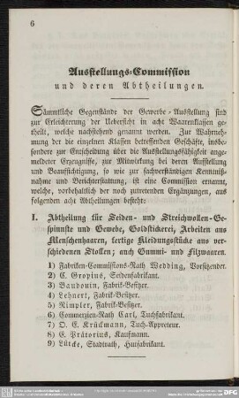 Ausstellungs-Commission und deren Abtheilungen
