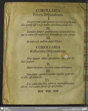 Corollaria Posterioris Disputationis