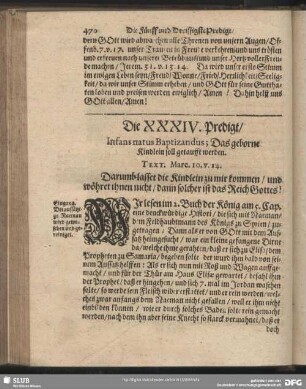 Die XXXIV. [XXXV]. Predigt, Infans natus Baptizandus; Das geborne Kindlein soll getaufft werden