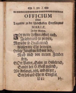 Officium Oder Tagzeiten/ zu der Unbefleckten Empfängnus Mariæ