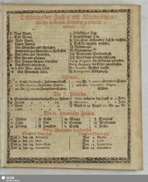 Erklärung der Zeichen und Abhreviaturen, welche in diesem Calender gebraucht werden