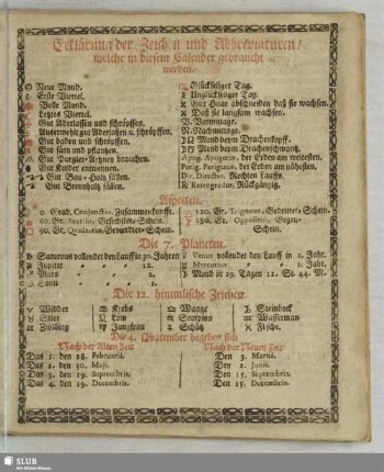Erklärung der Zeichen und Abhreviaturen, welche in diesem Calender gebraucht werden