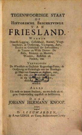 Tegenwoordige Staat of histor. Beschryvinge van Friesland