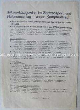 Propagandaflugblatt eines Schiffsbesatzung mit Verpflichtungen zu Ehren des 30. Jahrestages der DDR