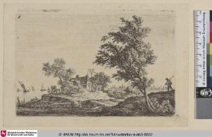 [Ein Wanderer in einer Uferlandschaft; A traveller passing two large trees]