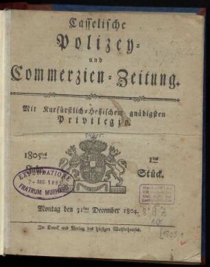 1tes Stueck, Montag den 31ten December 1804 (1805)