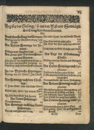 Register der Gesänge/ so mit den Fest- und Sonntäglichen Evangelien übereinkommen.