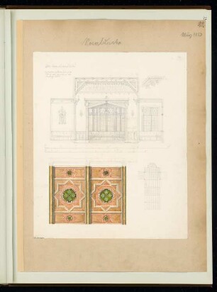 Saaldecke Monatskonkurrenz März 1853: Grundriss Deckenuntersicht, Aufriss Wand, Ausschnitt Decke (farbig); 2 Maßstabsleisten