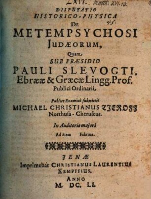 Disputatio historico-physica de metempsychosi Judaeorum