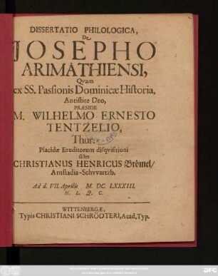 Dissertatio Philologica, De Josepho Arimathiensi