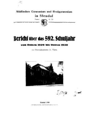 1929/30: Bericht über das ... Schuljahr von Ostern ... bis Ostern ... - 592.1929/30