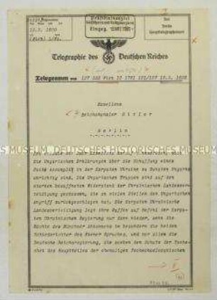 Telegramm an Hitler über den bewaffneten Widerstand der karpatoukrainischen Landesverteidigung gegen den ungarischen Einmarsch