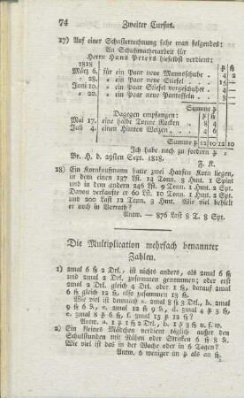 Die Multiplication mehrfach benannter Zahlen.