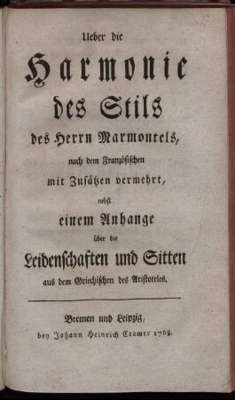 [Dritter Theil]: [Des Herrn Marmontels Dichtkunst]. [Dritter Theil]