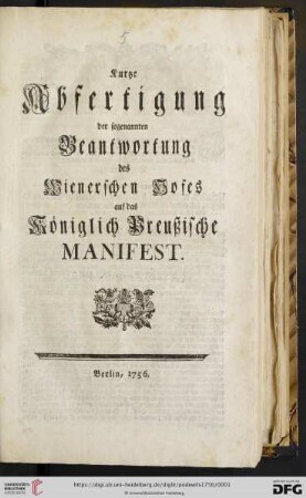 Kurtze Abfertigung der sogenannten Beantwortung des Wienerschen Hofes auf das Königlich Preußische Manifest