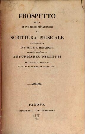 Prospetto di un nuovo modo piuagevole di Scrittura Musicale privilegiata